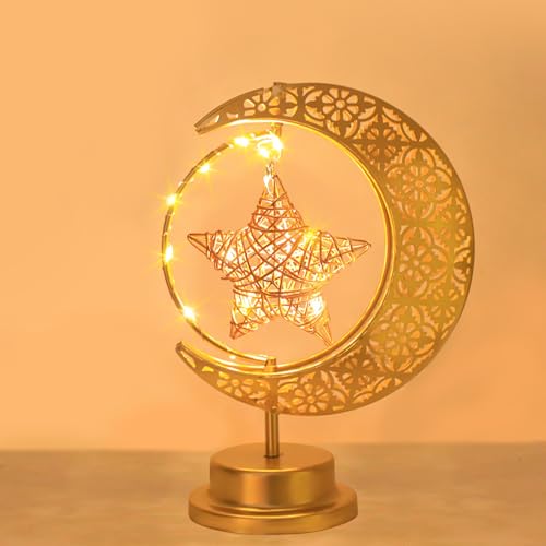 Ramadan Deko Lichterkette Lampe Tischdeko Schreibtischlampe von Batteriebetrieben,Ramadan Dekoration LED Lichterkette Mond Stern Tischleuchte,Metall Eid Mubarak Dekoration Ramadan Geschenk (Star) von DZAY