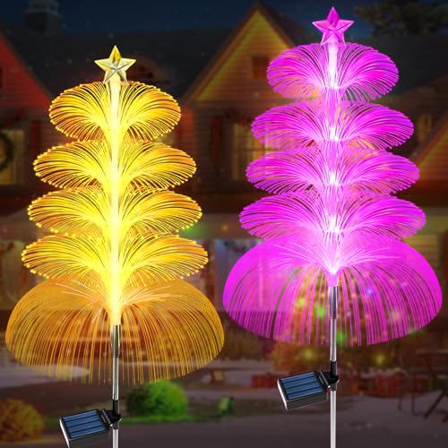 Solar Weihnachtsdeko Bäume Lichter Beleuchtung Aussen,Glasfaser Aussen Solar Tannenbaum mit 7 Farbwechsel wasserdichte Solar Weihnachts Deko Quallen für Pathway Rasen Patio Außendekoration (Star) von DZAY