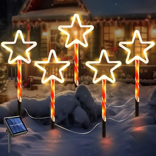 Weihnachtsdeko Garten Weihnachtsbeleuchtung Außen Solar Weihnachtsdeko Aussen,5 Stück Solarleuchten für Außen Weihnachtliche Wegbeleuchtung,8 Modi Solarlampen für Garten Rasen Terrasse Deko (Star) von DZAY