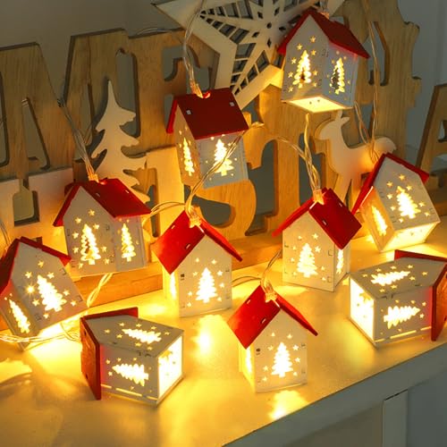 Weihnachtsdeko Innen Lichterketten mit 10 Kleine Holzhäuser Feen Lichter,Weihnachtsbeleuchtung Innen Häuser String Lights,Weihnachten Deko LED String Lichter für Schlafzimmer Dekoration (Baum) von DZAY