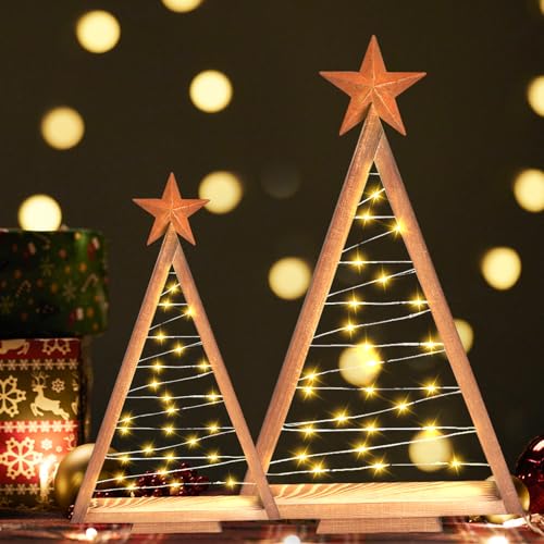 Weihnachtsdekoration Weihnachtsbaum aus Holz Beleuchten,2 Stück Holz Weihnachtsbaum mit Lichterketten Tischplatte Weihnachtsbaum mit Licht,Led Weihnachtsdeko für Bauernhaus Home Küche Party Decor von DZAY