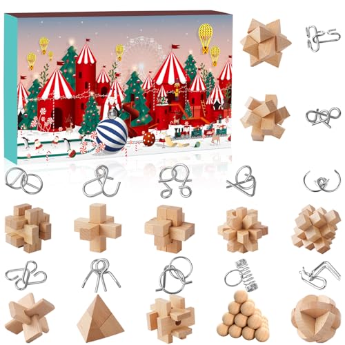 Weihnachtskalender-Puzzle, 24 Tage Weihnachts-Countdown-Kalender-Puzzle mit Metall-Gehirn-Rätsel für Kinder und Erwachsene Herausforderung (Holz) von DZPIN