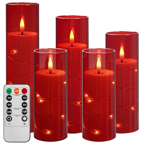 Da by LED Kerzen mit Eingelassener Lichterkette，Batteriebetriebene Kerzen mit Fernbedienung und 24 Stunde Timer，Flackernde Led Kerzen Für Weihnachtsdekoration,Heimdekoration(rot, 5er-Set) von Da by