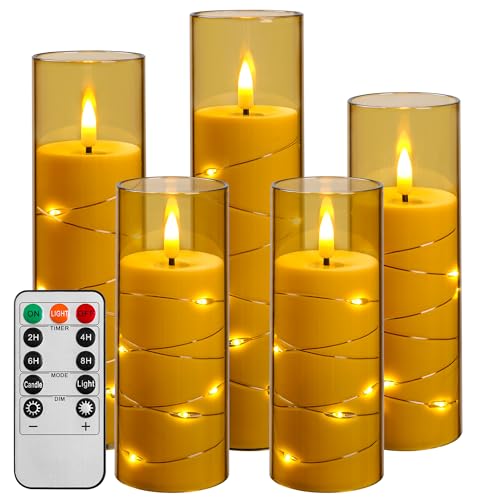 Da by LED Kerzen mit Eingelassener Lichterkette，Batteriebetriebene Kerzen mit Fernbedienung und 24 Stunde Timer，Flackernde Led Kerzen Für Weihnachtsdekoration Heimdekoration(Golden, 5er-Set) von Da by