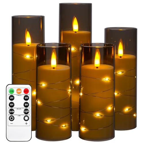 Da by LED Kerzen mit Eingelassener Lichterkette，Batteriebetriebene Kerzen mit Fernbedienung und 24 Stunde Timer，Flackernde Led Kerzen Für Weihnachtsdekoration Heimdekoration(Grau, 5er-Set) von Da by