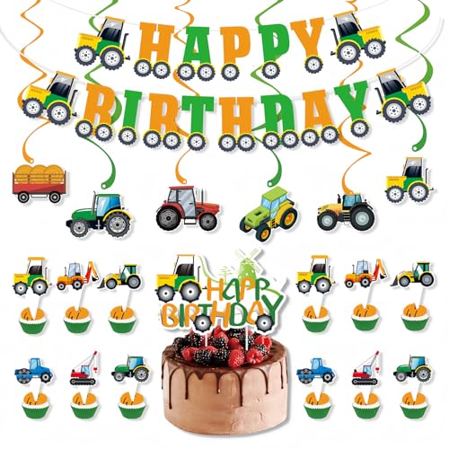 20 Stück Bagger Deko Kindergeburtstag Bagger Geburtstag Deko Happy Birthday Banner Kindergeburtstag Deko Traktor zieht Flagge Geeignet für die Dekoration von Geburtstagen und Mottopartys von DabbOo