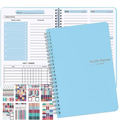 Undatierter Wochenplaner 52 Blatt Weekly Planner mit 8 Planungsaufklebern A5 Tagesplaner Notizbuch Selbstausfüllendes Block als Buchkalender Schülerkalender Notizblock Organizer Buch(Blau) von DabbOo