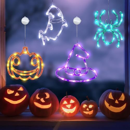 Dabeto Halloween Deko Fenster Lichter,Halloween Lichterkette mit Saugnäpfe & Haken,Halloween LED Fensterlichter Batteriebetriebene für Halloween Deko Innen,Halloween Fensterdeko,Party Deko (4er Set) von Dabeto