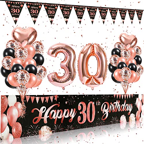 30 Geburtstag Deko Frauen Luftballon 30. Geburtstagsdeko Frau Schwarz Rosegold Geburtstagsbanner Geburtstagsfeier Banner Hintergrund Stoff Wimpel Happy Birthday Party Decorations von Dacefloy