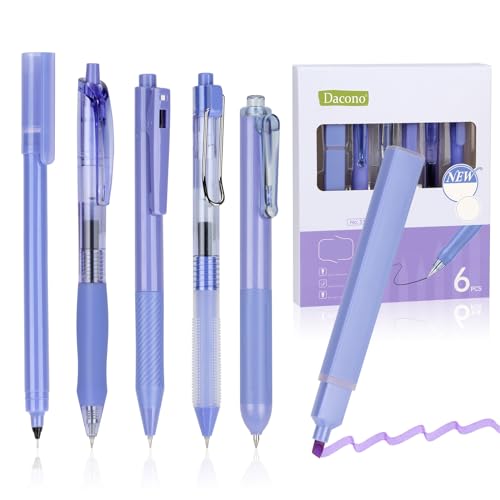 Dacono 6 Stück Gelstifte, Farbiges Textmarker Schreibset, Ästhetische, Einziehbare Schwarze Gelstifte mit 1 Textmarker, Blumen lila Stil - Kugelschreiber 0,5 mm, Perfekt für Studenten, Journaling von Dacono