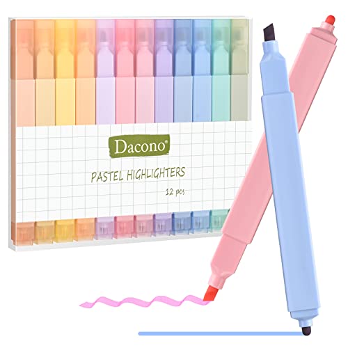 Dacono Dual Tips Textmarker, 12 Pcs Ästhetische Textmarker Assorted Farben Pastell Set, keine Bleed Square Textmarker Marker Stifte für Journal Planer Notizen Schule Bürobedarf von Dacono