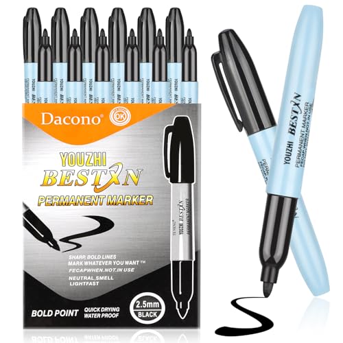 Dacono Permanentmarker Stifte, 12 Permanent Marker - 2,5 mm mitteldicke Spitze, Schwarze Permanentmarkierungen für Holz, Fels, Kunststoff, Leder, Glas, Stein, Metall von Dacono