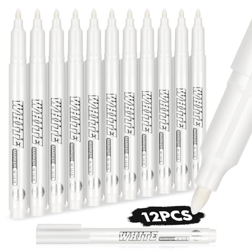 Dacono Weiße Acrylfarbenstifte Stofffarbe Permanent Marker Stifte - Set von 12 Weißer Marker für Acrylmalerei, Wasserdichte Farbstifte für Stoff Gesteinsmalerei Reifenkunstpapier Holz Glas von Dacono