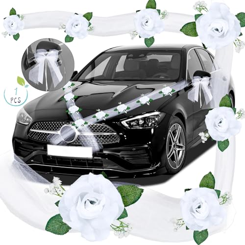 Autoschmuck Hochzeit Motorhaube Hochzeitsauto Dekoration Wedding Autogirlande Hochzeitsdeko für Auto Tischdeko Zimmerdeko mit 10 Saugnäpfen 2xTülle（1.6m） 2X Schleife 1x Klebeband 12x Kabelbinder von Dadabig