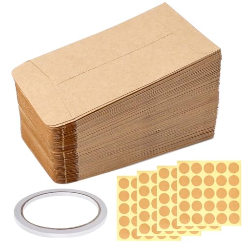 Dadabig 300 Stück Papiertüten Klein, 6 * 10cm Samentütchen + 100 Stück Aufkleber + 1 Roll Doppelseitig klebend Mini Braun Samentüten Flachbeutel Kraftpapier Tüten für Weihnachten Süßigkeiten Hochzeit von Dadabig