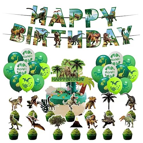 Dino Geburtstag Deko Junge, Kindergeburtstag Dekoration, Happy Birthday Dino Banner, Dino Kuchentopper, grüne Luftballons Dinosaurier Themenparty Dekoration von Dadasiki