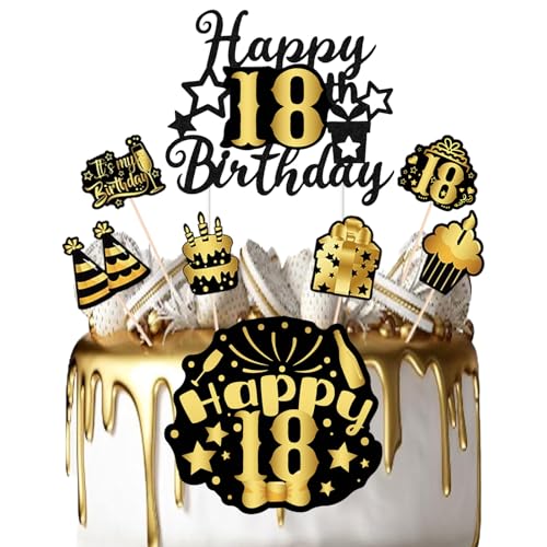 Tortendeko 18 Geburtstag Cake Topper 18 Jahr Schwarz-goldener Tortenaufsatz zum 18 Geburtstag Dekoration zum 18 Geburtstag Cupcake Toppers für Mädchen Junge Geburtstag Party Dekoration von DaengGeGe