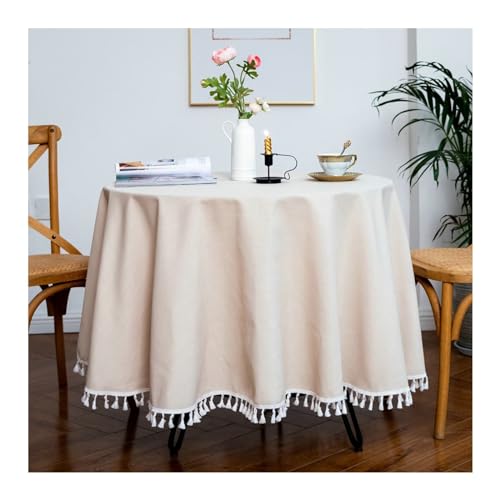 Daesar Tischtuch Abwaschbar Outdoor, Tischdecke Rund 280CM Baumwolle Leinen Französisch Einfarbig mit Quasten Beige Tischdecken für Draußen Party Garten von Daesar