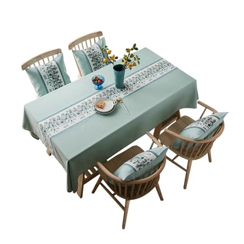Tischdecke 135x300CM Baumwolle Leinen, Tischtuch Abwaschbar Outdoor Stickerei mit Geometrie Motiv Grün Tischdecken für Draußen Party Garten von Daesar