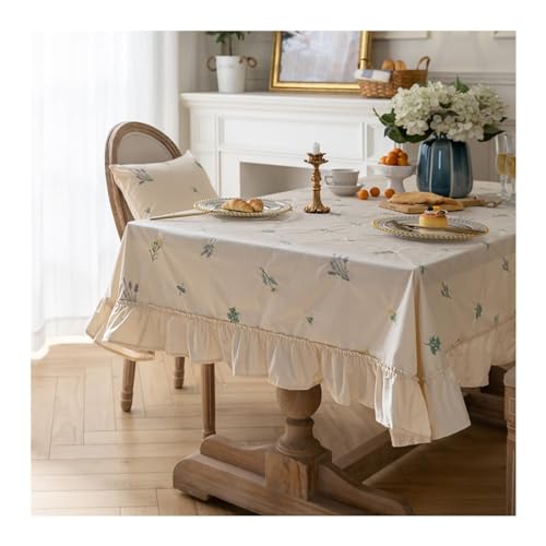 Tischdecke 150x180CM, Tischtuch Outdoor Wetterfest Stickerei Lavendel Muster mit Rüschen Tischdecken Abwaschbar für Draußen Garten Aprikose von Daesar