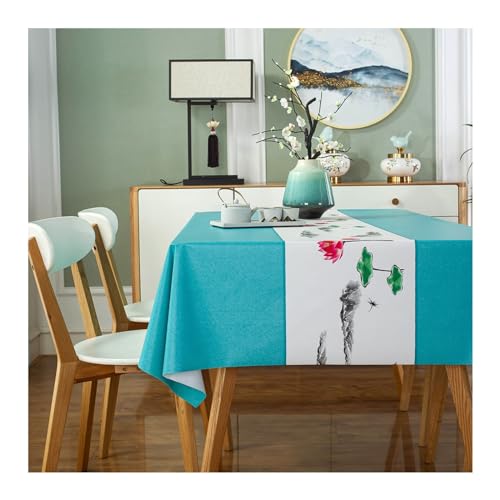 Tischdecke Abwaschbar, Tischtuch Outdoor 140x220CM Bedruckt mit Lotusblumen Motiv Tafeldecke Tischdecken für Draußen Garten Blaugrün von Daesar