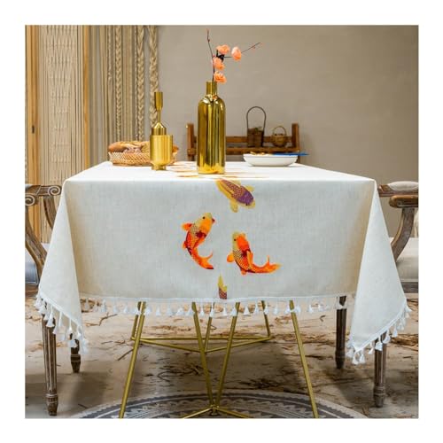 Tischdecke Abwaschbar Beige, Tischtuch 110x170CM Outdoor Stickerei mit Orange Fische Motiv Tischdecken für Draußen Garten Party Wetterfest von Daesar
