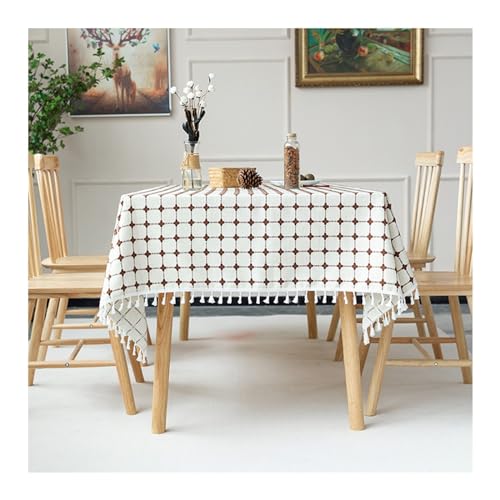 Tischdecke Abwaschbar Outdoor, Tischtuch 140x300CM Polyester Stickerei mit Kariert Muster Hellbraun Weiß Tischdecken für Draußen Wetterfest von Daesar