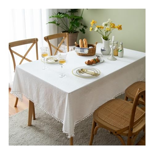 Tischdecken Abwaschbar Weiß, Tischtuch Outdoor Quadratisch 60x60CM Französisch Einfarbig mit Pompons Tafeldecke Tischdecke für Draußen Wetterfest von Daesar