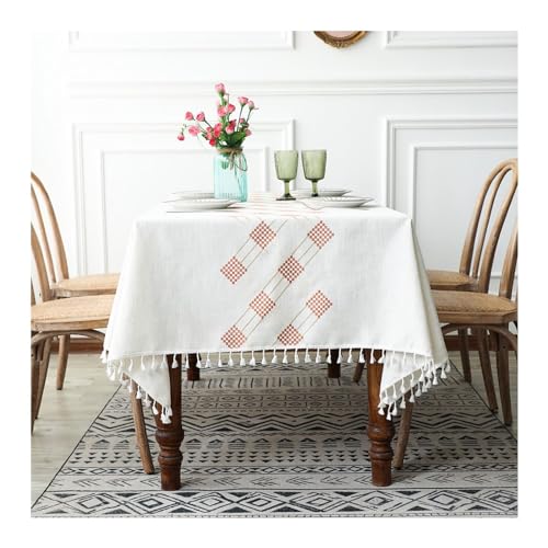 Tischdecken Outdoor, Tischtuch für Draußen Eckig 100x160CM Stickerei mit Rot Geometrie Motiv Tischdecke Abwaschbar für Draußen Beige von Daesar