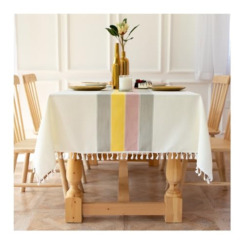Tischtuch 110x170CM Baumwolle Leinen, Tischdecke Abwaschbar Outdoor mit Bunten Streifen Muster Nordisch Weiß Tischdecken für Draußen Wetterfest von Daesar