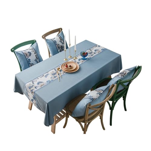 Tischtuch 135x220CM Blau, Tischdecke Outdoor Wetterfest Stickerei mit Blumen Motiv Tischdecken Abwaschbar für Draußen Party Garten von Daesar