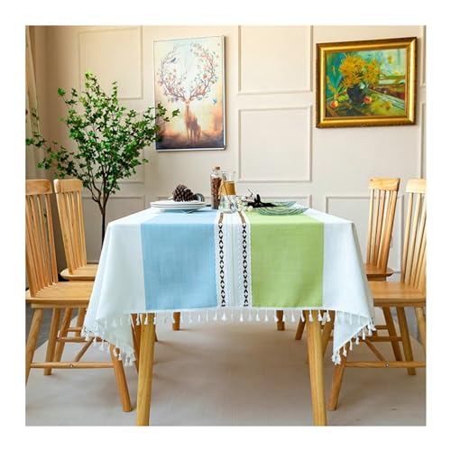 Tischtuch Outdoor, Tischdecke Abwaschbar 110x170CM Modern Stickerei Gestreift Motiv mit Quasten Tafeldecke Tischdecken für Draußen Garten Party von Daesar