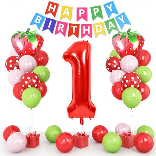 1. Erdbeere Geburtstag Dekorationen für Mädchen, Rot Rosa Grün Ballon mit 40 Zoll Nummer 1 Erdbeere Folienballons Geburtstag Banner für Sweet One Baby Shower Berry First Birthday Party Dekoration von Dagelar