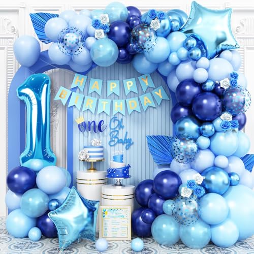 1. Geburtstag Dekorationen für Jungen, Blau Nummer 1 Stern Folienballon und Dunkelblau Baby Blau Konfetti Ballons 1. Geburtstag Bogen Kits, Geburtstagsbanner für Baby Jungen 1 Jahr alt Geburtstag von Dagelar