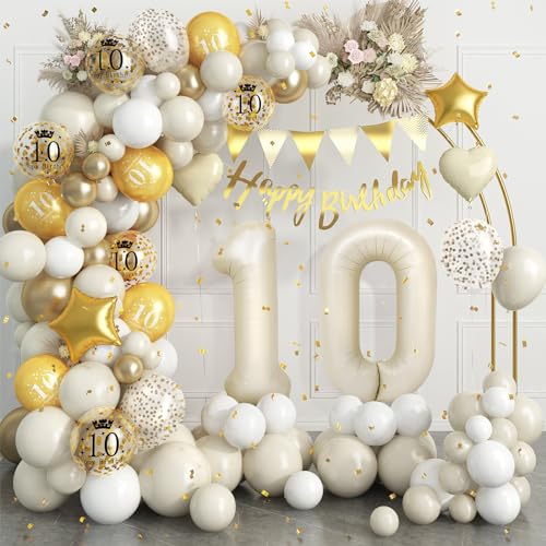 10 Geburtstag Deko Beige Gold,10.Geburtstag Luftballons Girlande mit Luftballon 10 Geburtstag,Happy Birthday Banner,Konfetti Luftballons für Jungen Mädchen 10 Jahre Geburtstag Party Dekoration von Dagelar