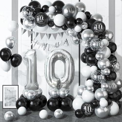 10 Geburtstag Deko Schwarz Silber, Luftballons Girlande mit Happy Birthday Banner, 10. Geburtstag Konfetti Luftballons für Jungen Mädchen Kinder 10. Geburtstag Party Dekoration von Dagelar