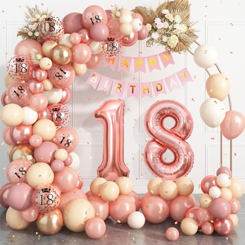 18 Geburtstag Deko Roségold,18.Geburtstag Luftballons Girlande mit Luftballon 18 Geburtstag,Happy Birthday Banner,Konfetti Luftballons für Mädchen 18 Jahre Geburtstag Party Dekoration von Dagelar