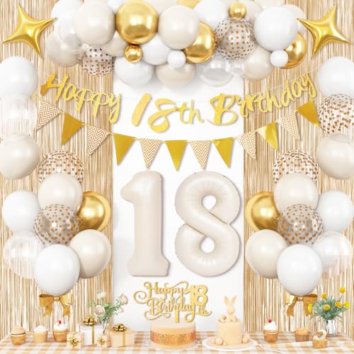 18 Geburtstag Dekorationen Creme Weiß Gold, 18 Geburtstag Luftballons Beige Gold Klar, Happy 18th Birthday Banner mit Fransen Vorhang Kuchen Toppers Nummer 18 Luftballons für Mädchen Jungen 18 Jahre von Dagelar