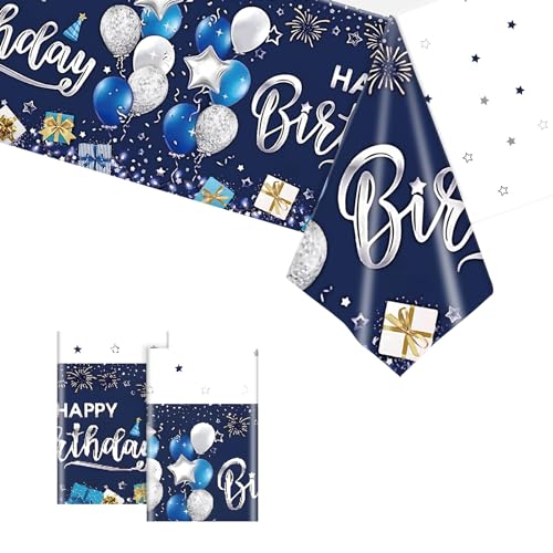 2PCS Geburtstag Tischdecke Blau,Happy Birthday Tischdecken Blau Einweg Rechteck Wasserdicht Tischtuch Blau Party Deko für Frauen Jungen Mädchen Geburtstag Party 137 * 274cm von Dagelar