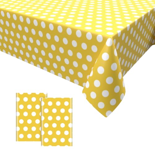 2PCS Gelbe Polka Dot Tischdecke,Geburtstag Tischdecke Gelbe Weiß Einweg Tischdecke aus Kunststoff Wasserdicht Plastik Bierbank Tischdecke Geburtstag Dekorationen für Jungen Mädchen 137 * 274cm von Dagelar