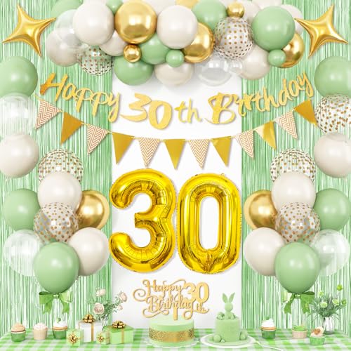 30 Geburtstag Dekorationen für Frauen Männer, Salbeigrün Gold 30 Geburtstag Luftballons mit Glitzer Happy 30th Birthday Banner Fransen Vorhang Cake Toppers Nummer 30 Luftballons für Frauen Männer von Dagelar