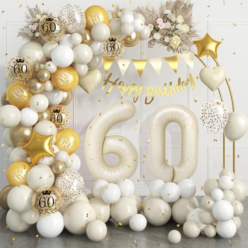 60 Geburtstag Deko Beige Gold,60.Geburtstag Luftballons Girlande mit Luftballon 60 Geburtstag,Happy Birthday Banner,Konfetti Luftballons für Mann Frauen 60 Jahre Geburtstag Party Dekoration von Dagelar