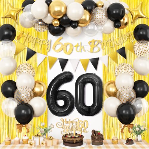 60 Geburtstag Dekorationen für Männer, Sand Weiß Schwarz Gold 60 Geburtstag Luftballons mit Glitzer Happy 60th Birthday Banner Fransen Vorhang Cake Toppers Zahl 60 Luftballons für Männer Frauen von Dagelar