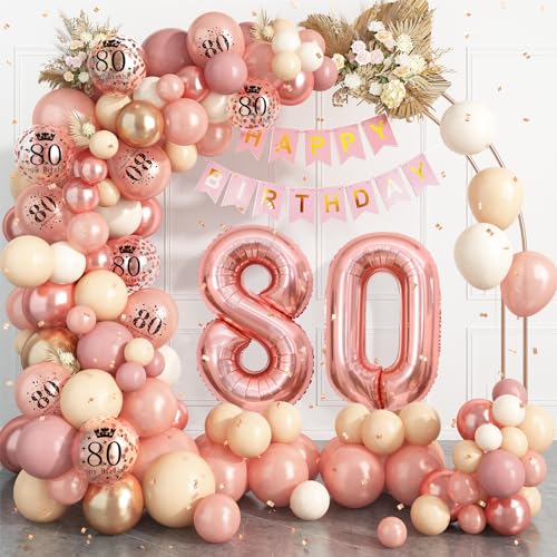 80 Geburtstag Deko Roségold,80.Geburtstag Luftballons Girlande mit Luftballon 80 Geburtstag,Happy Birthday Banner,Konfetti Luftballons für Frauen 80 Jahre Geburtstag Party Dekoration von Dagelar