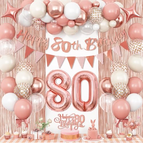 80 Geburtstag Dekorationen für Frauen, Retro Rosa Roségold 80 Geburtstag Luftballons mit Glitzer Happy 80th Birthday Banner Fransen Vorhang Kuchen Toppers Nummer 80 Luftballons für Frauen von Dagelar