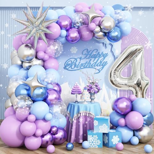 Frozen 4th Birthday Decorations Girl, Frozen Snowflake Balloon Garland Arch Kit, Laser Explosion Star Balloons, Silver Number 4 Balloon Tower for Baby Shower Girls 4th Frozen Elsa Theme Party Supplies von Dagelar