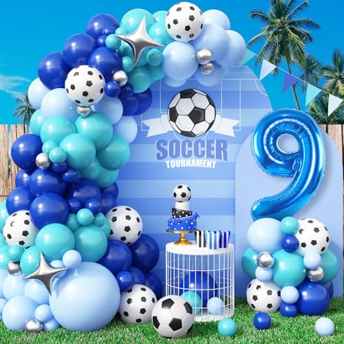 Fußball 9. Luftballons Bogen Girlande Kit, 9. Fußballballons mit königsblau blaugrün hellblau Luftballons Bogen, 101,6 cm Zahl 9, Ballon Stern Folienballon für Jungen 9 Jahre alt Fußball von Dagelar