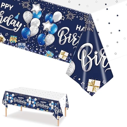 Geburtstag Tischdecke Blau,Happy Birthday Tischdecken Blau Einweg Rechteck Wasserdicht Tischtuch Blau Party Deko für Frauen Jungen Mädchen Geburtstag Party 137 * 274cm von Dagelar