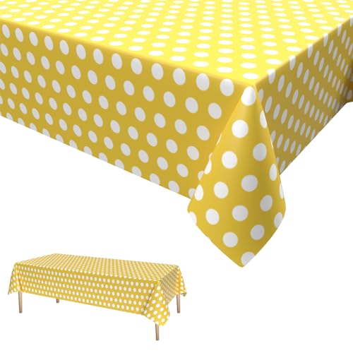 Gelbe Polka Dot Tischdecke,Geburtstag Tischdecke Gelbe Weiß Einweg Tischdecke aus Kunststoff Wasserdicht Plastik Bierbank Tischdecke Geburtstag Dekorationen für Jungen Mädchen 137 * 274cm von Dagelar