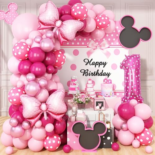 Pink Mouse 1st Birthday Decorations Girl, Pink Rose Pink Polka Dots Balloons Arch Kit, Huge Bow Foil Balloons, Pink Number 1 Balloon Tower for Baby Shower Girls Mouse Theme First Birthday Party Supply von Dagelar